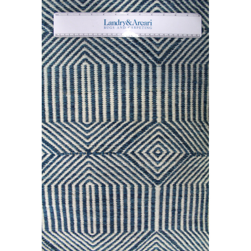 Preston Wool Geometric Area Rug in Ivory/Blue, Runner 4' x 20'