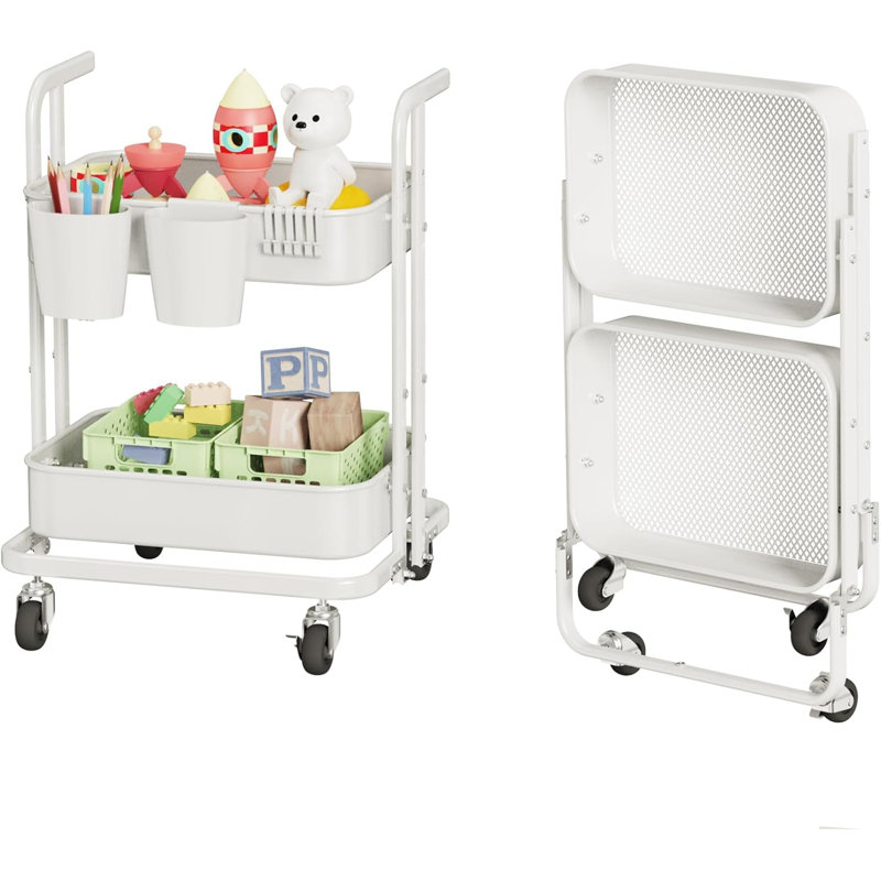 2 Tier Foldable Rolling Cart, Metal Utility Cart with Lockable Wheels, Folding Storage Trolley, White