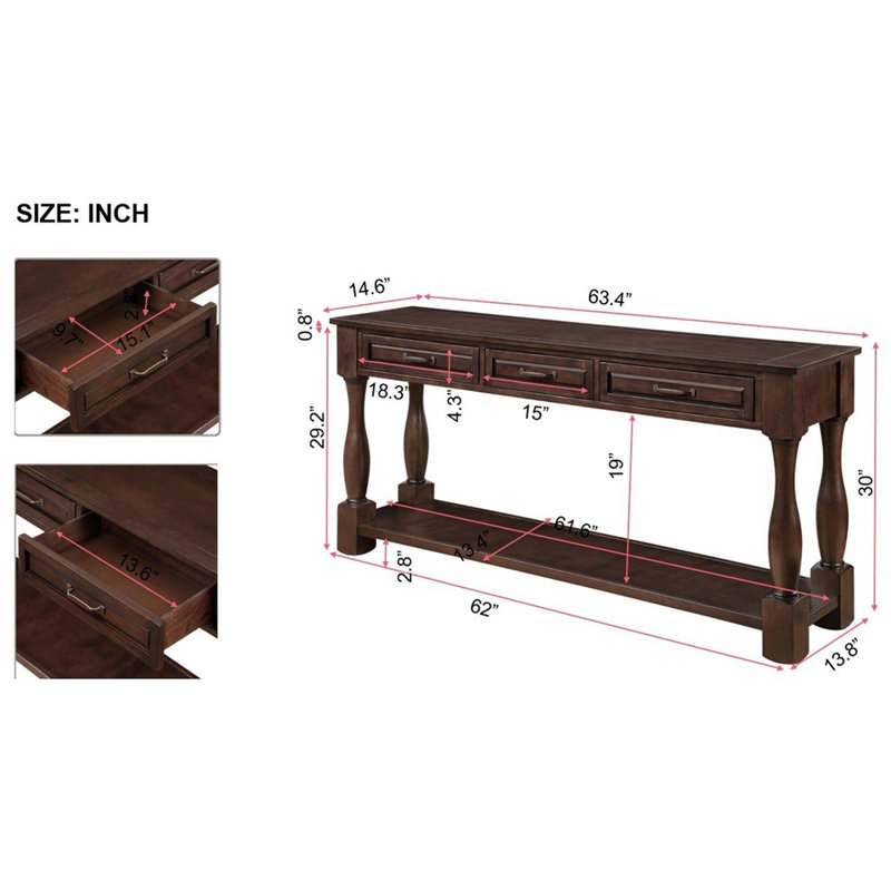 Console 63 po en bois avec 3 tiroirs et 1 tablette inférieure, Espresso