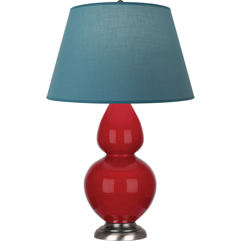 Lampe de table double gourde en céramique, Bleu vif / gris, Rouge rubis émaillé / argent antique, Argent argent