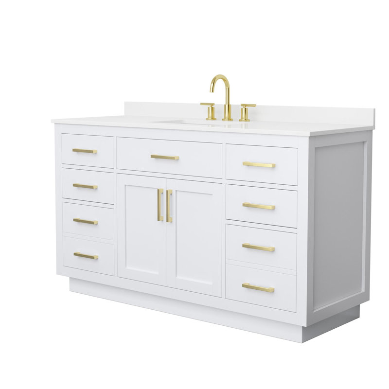 Beckett TK 60'' Single Bathroom Vanity with Quartz Top, 8" Center, Brushed Gold, White