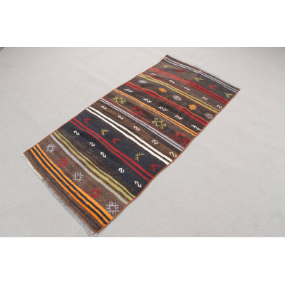 Small Vintage Turkish Kilim Rug in Black for Entryway or Home Decor with Patterned Oushak Design and Anatolian Influence