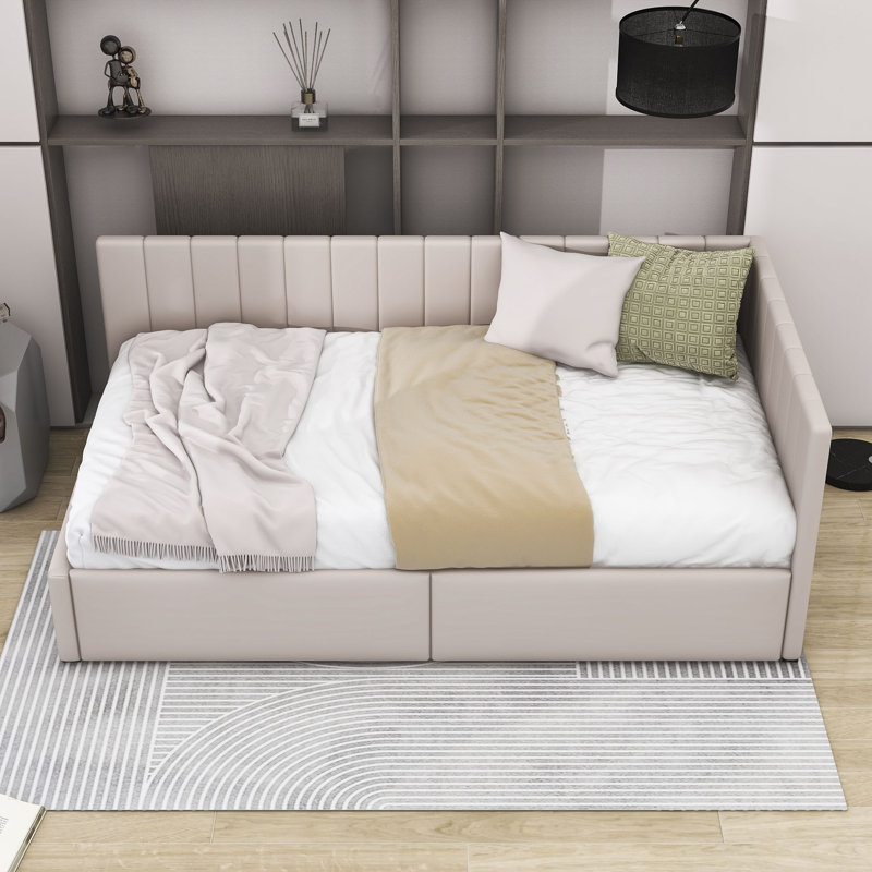 Twin Size 2 Drawers Upholstered Daybed, Beige