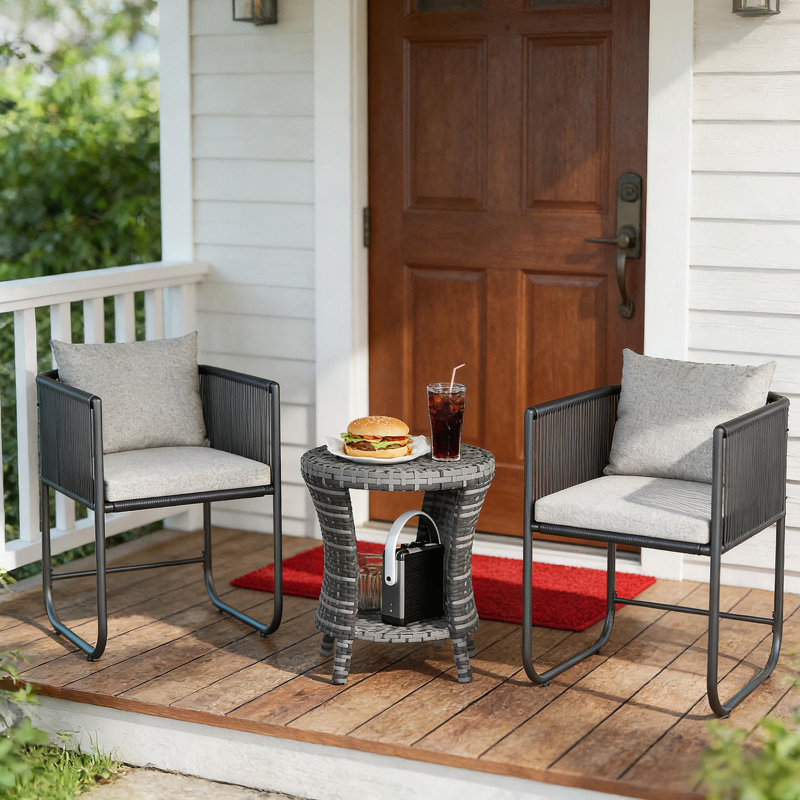 Table d'appoint, petite table basse d'extérieur en osier avec tablette, Grey Top/Dark Grey Base