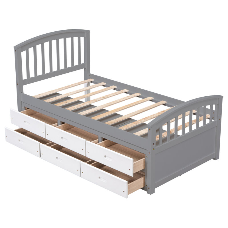 Lit plateforme simple en bois massif avec 6 tiroirs, gris et blanc