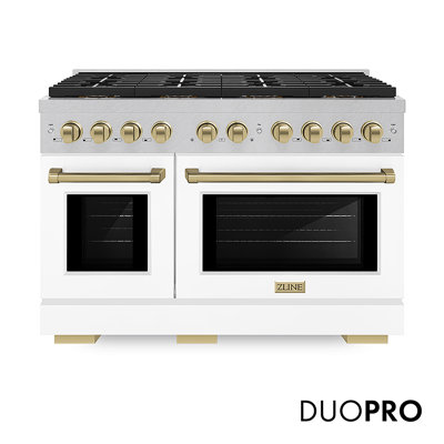 ZLINE Autograph Edition 48 in. 6.7 cu. ft. Paramount Gas Range W/ 8 Burner DuoPro Cooktop and Dual Ovens in Satin Stainless Steel W/ White Matte Doors and Champagne Bronze Accents