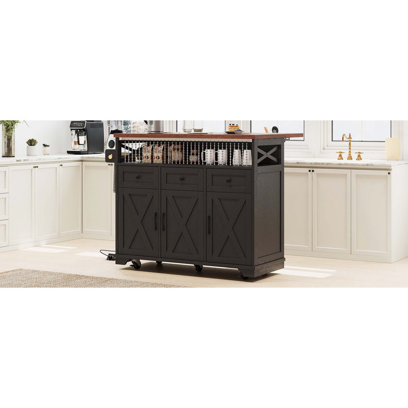 Kitchen Island Cart Equipped with Bead Drape Decoration & Built-In Power Outlet, Foldable Drop Leaf Countertop, Three Storage Cabinets & Three Drawers with Inner Iron Storage Rack, Multi-Purpose Rolling Storage Furniture for Kitchen and Dining Spaces