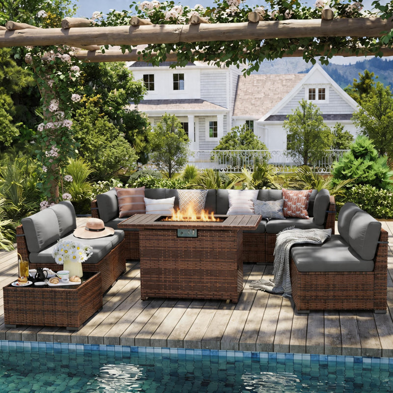 Ensemble de conversation modulaire en rotin pour 8 personnes avec coussins, Gris, Oui
