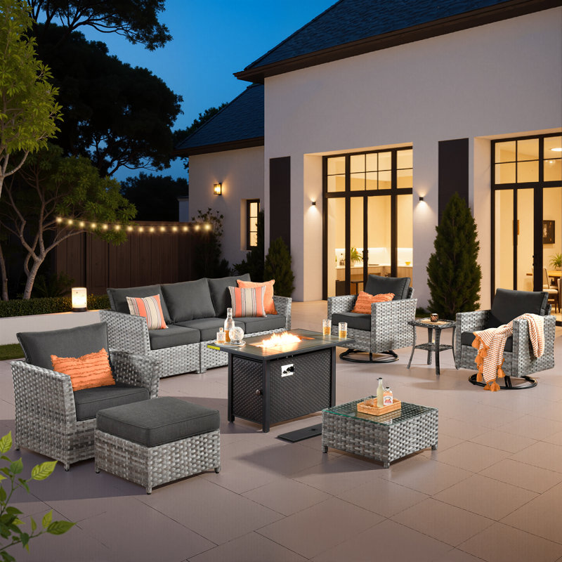 7-person Mostly No Assembly Required Outdoor Sectional With Cushions,swivel Rockers And Fire Pit,all-weather Wicker Patio Set