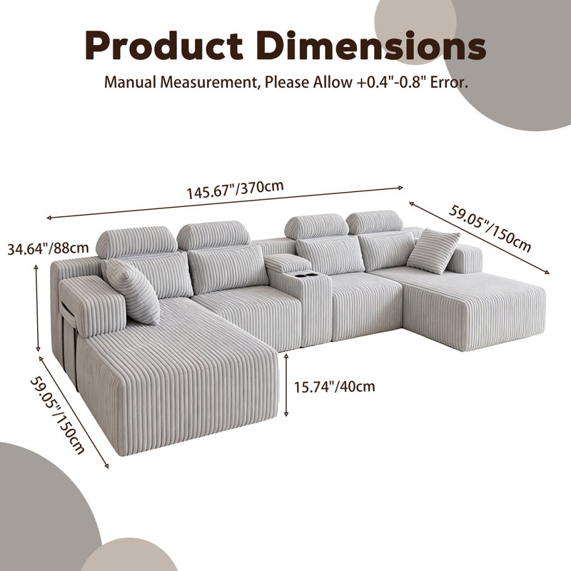 Très grand canapé modulaire en velours côtelé de 145,7 po Boneless, en forme de U, avec porte-gobelets Boneless