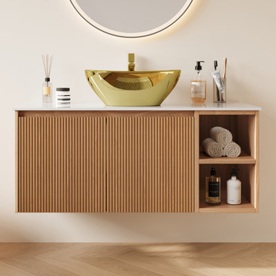 36" Modern Wood Bathroom Cabinet With White Ceramic Basin