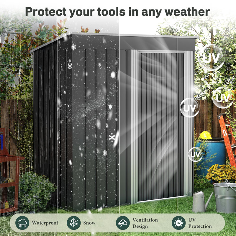 Metal Garden Shed, 164 cm x 89 cm x 181 cm Waterproof & Rust-Resistant Outdoor Storage Shed with Sliding Door and Sloped Roof, Reinforced Galvanized Steel Frame, for Backyard, Patio, or Garage, Black