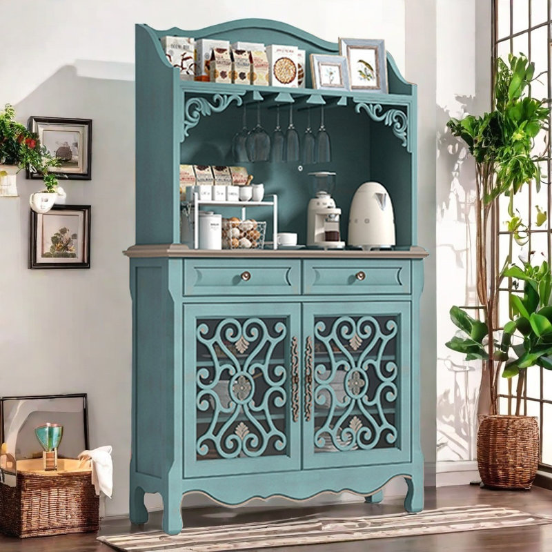 Retro Blue Solid Wood Sideboard with Bar Hutch