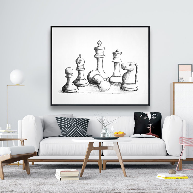 Chess Game Pieces - Black Monochrome Framed Canvas Decor