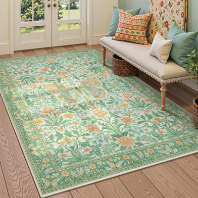 Goldene Washable Butterfly Area Rug Boho Floral Rugs for Girls Room Non Slip Ultra Thin Insect Floor Carpet
