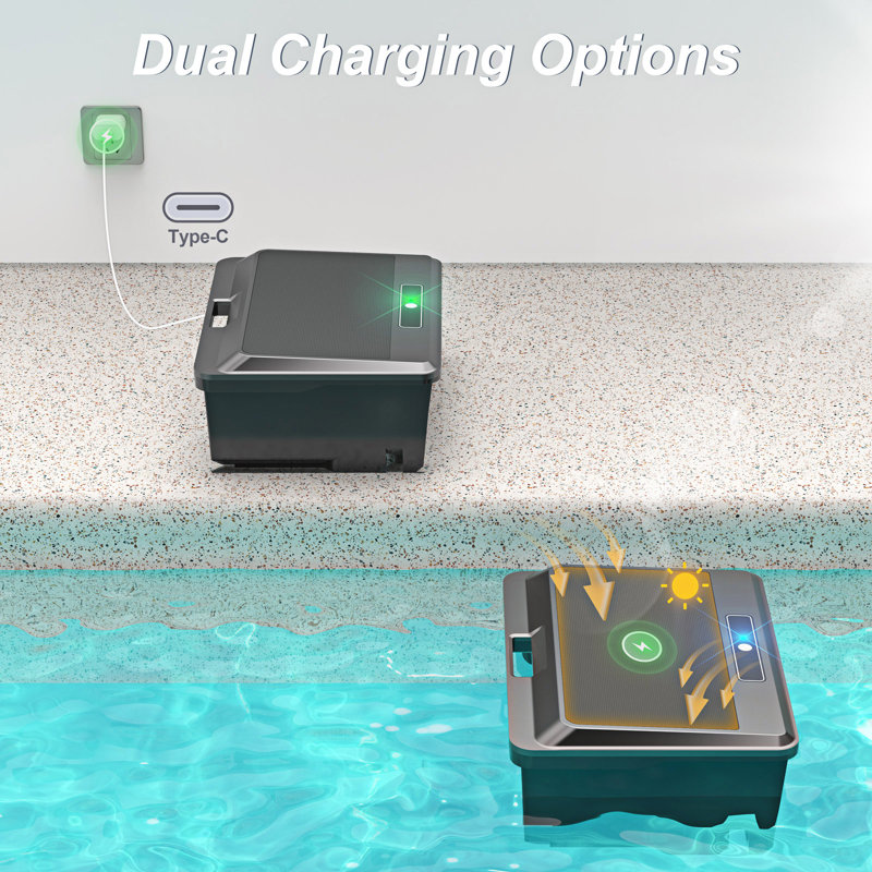 Robot de nettoyage de piscine INSE Y90 - Batterie longue durée de vie de 5100 mAh, double charge solaire + USB, planification de chemin en forme d'arc, étanche IPX6, télécommande
