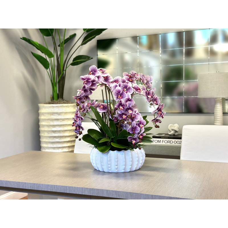 Purple Orchids Arranged in Decorative Ceramic Pot, 30"H x 28"W x 28"D
