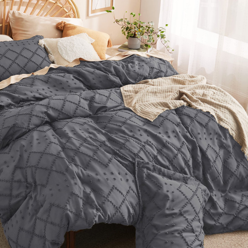 Bedsure Embroidery  Home Bedding Duvet Cover, Dark Grey, Queen Duvet Cover + 2 Standard Pillow Sham