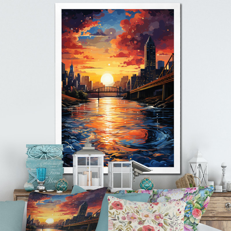 " City Pittsburgh Popart III ", White Picture Framed, 32" H x 16" W x 1" D