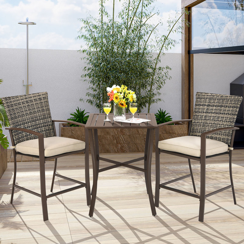 2 - Person Wicker Patio Dining Set with Square Table , Cushions Included, Brown