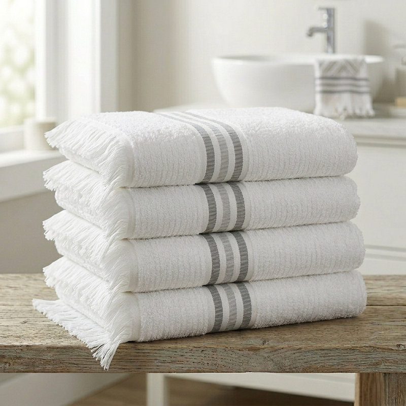 Ensemble de serviettes de bain à franges, White/Grey