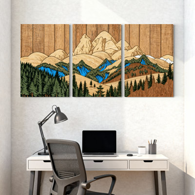«Landscape & Nature Mountain Forest Lake Reflection», ensemble de 3 impressions sur toile