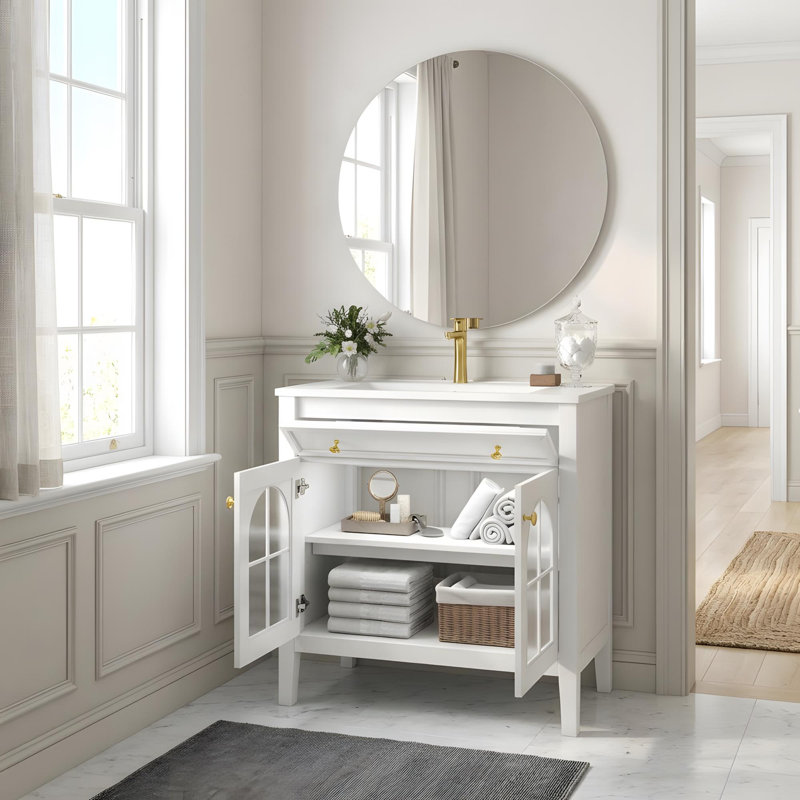Meuble-lavabo 36 po avec lavabo en céramique, rangement et bande lumineuse activée par le mouvement, White