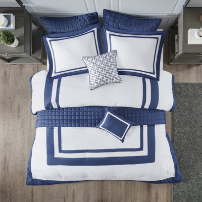 Collection de literie très grand / très grand bleu marine - 8 pièces avec édredon léger et courtepointe en microfibre brossée