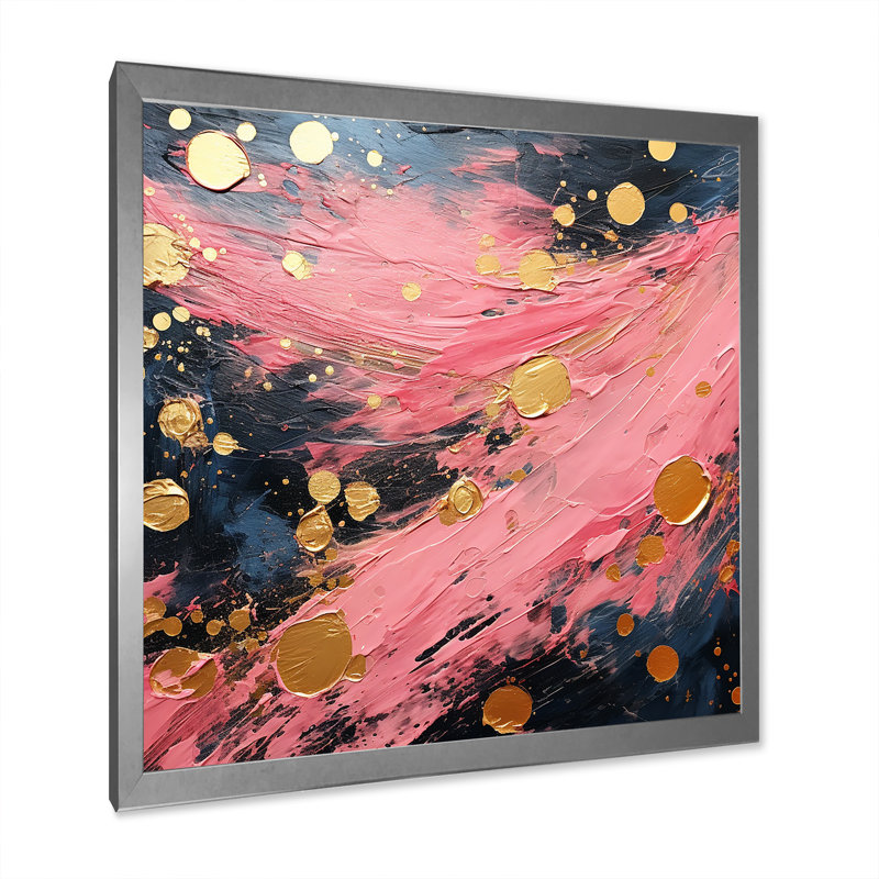 "Réjouir dans l'amour", rose et or, peinture abstraite, H 24 po x l 24 po x P 1 po, Cadre simple gris