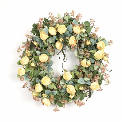Grande couronne de fleurs artificielle 26 po avec baies roses eucalyptus