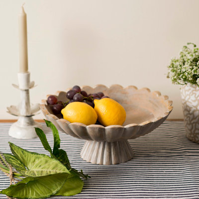 Handcarved Scalloped Edge Fluted Pedestal Bowl, Rustic Gray