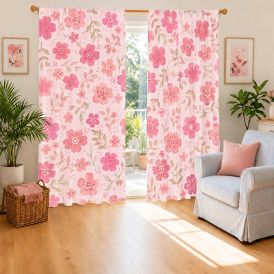 Rideaux floraux 2 pièces, tissu filtrant la lumière, imprimé rose vif, obscurcissement de la pièce et protection de la vie privée, conception à passe-tringle, convenant à la vie, à la chambre à coucher et à la cuisine
