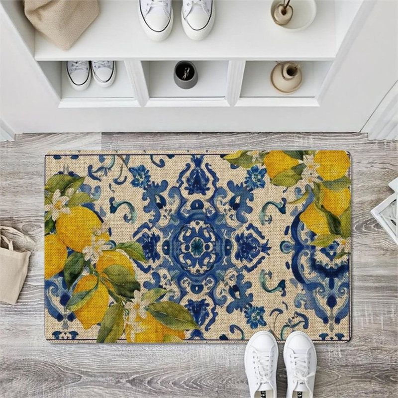 Tapis bleu et blanc citron 24 po x 36 po pour décor intérieur