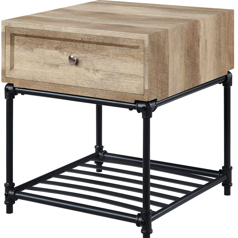 Table de bout à pieds en métal avec rangement, charme rustique industriel, table rectangulaire chêne et sable noir, pour un usage domestique