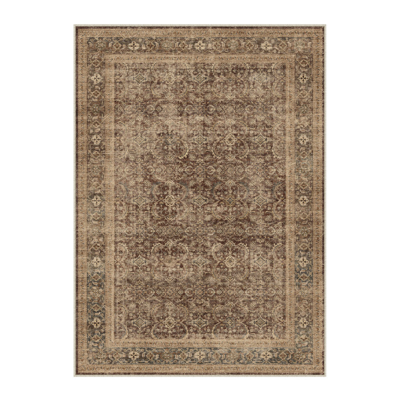 Luthien Elegant Vintage Floral Area Rug in Brown, Rectangle 5' x 7'