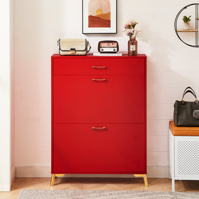 2 Flip Drawers Shoe Cupboard - Red, Entryway, Space Saving, Red Hallway Cabinet Drawers,