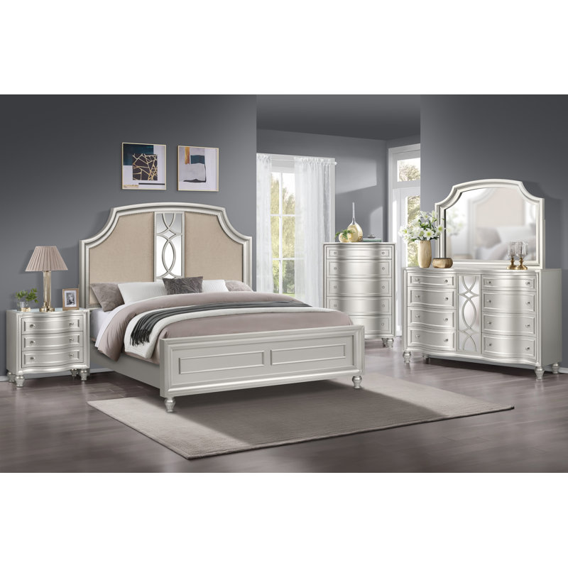 Marila 5-Piece Wood Bedroom Set (Bed/Dresser/Mirror/Chest/Nightstand), Gray, Queen