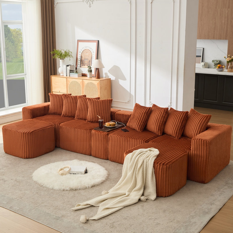 Canapé en U avec chargement USB et sans fil, table basse, porte-gobelet, conception modulaire surdimensionnée et mobile, sans assemblage, 6 sièges, velours côtelé