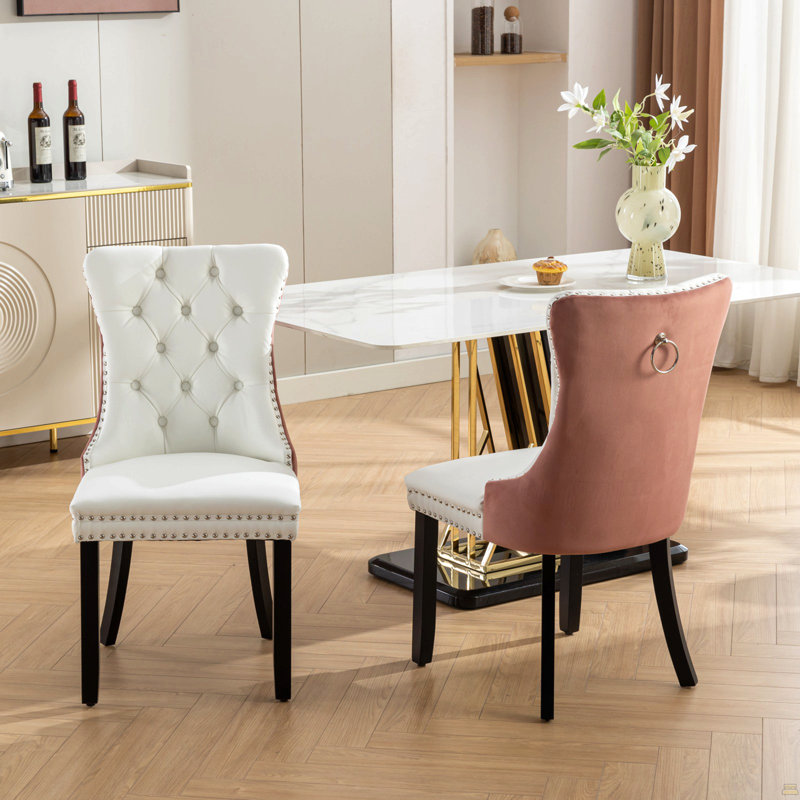 Ensemble de 2 chaises capitonnées haut de gamme en bois massif capitonné et velours avec pieds en bois et garniture cloutée