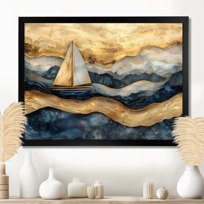 Impression sur toile encadrée «Golden Sailboat On Costal Safire Horizon I»