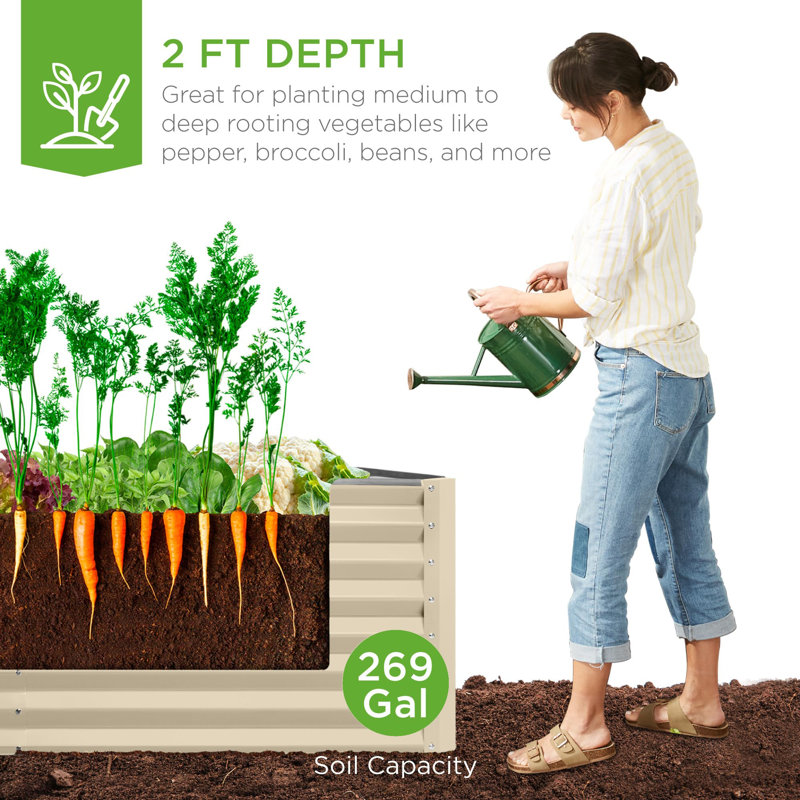 Rosonda Outdoor Metal Raised Planter Box, Beige, 24" H x 96" W x 48" D