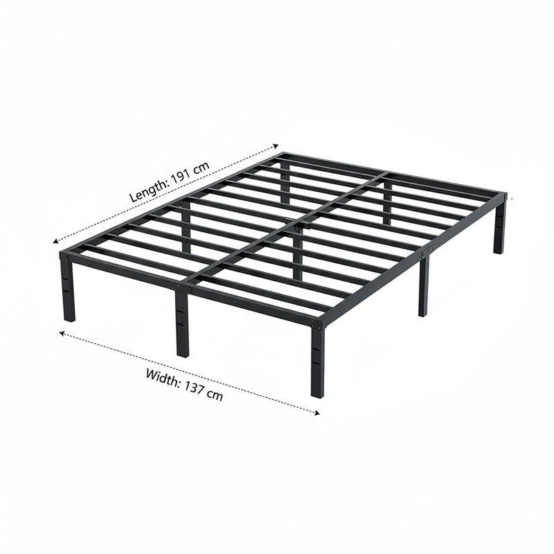 Base de lit en métal pleine grandeur - plateforme en acier robuste, hauteur de 14 po, conception silencieuse, aucun sommier tapissier requis, rangement sous le lit - 190 x 137 cm (noir)