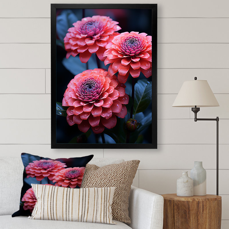 Zinnias Neon Pink Garden sur toile, Cadre simple noir, H 20 po x l 12 po x P 1 po