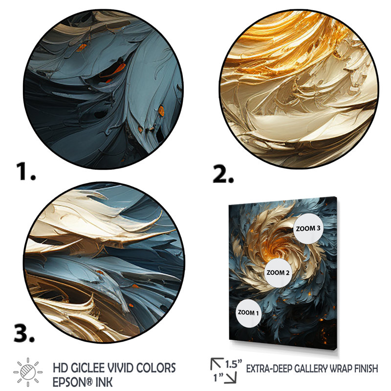 Plume abstraite jaune et bleue - Spirale abstraite, art mural, Cadre flottant doré, H 32 po x l 24 po x P 1 po