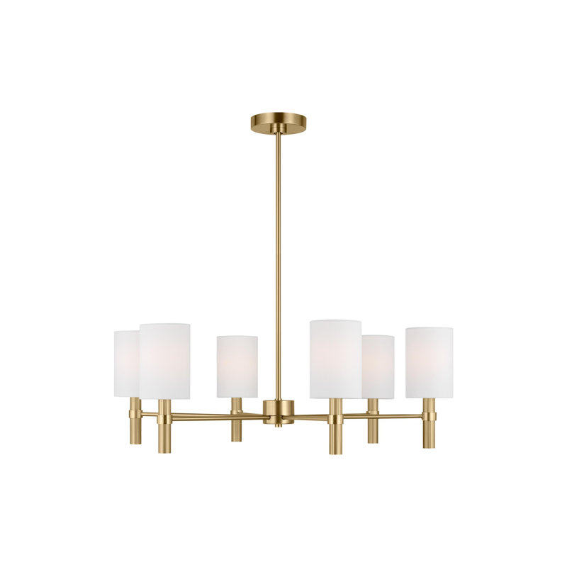Satin Brass 6-Light Chandelier with White Linen Shades