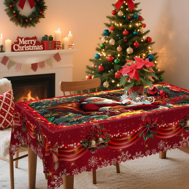 1pc Vintage Christmas Lenart With Santa & Reindeer Design - Round Table, Rectangle Table Cover, Festive Red Christmas Flowers Polyester Table Cover For Indoor/Outdoor Holiday Parties, Kitchen Decor And Gifts, Christmas Table Cloth