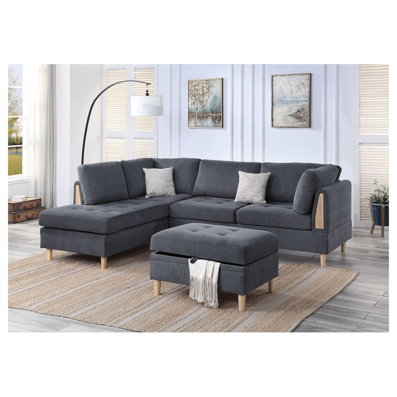 Ensemble de canapé modulaire réversible en chenille gris anthracite 3 pièces avec repose-pieds et coussins décoratifs
