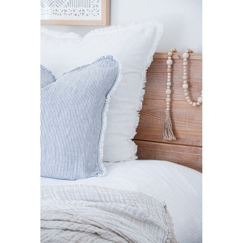 Bright White Linen Throw Pillow with Fringe Edges