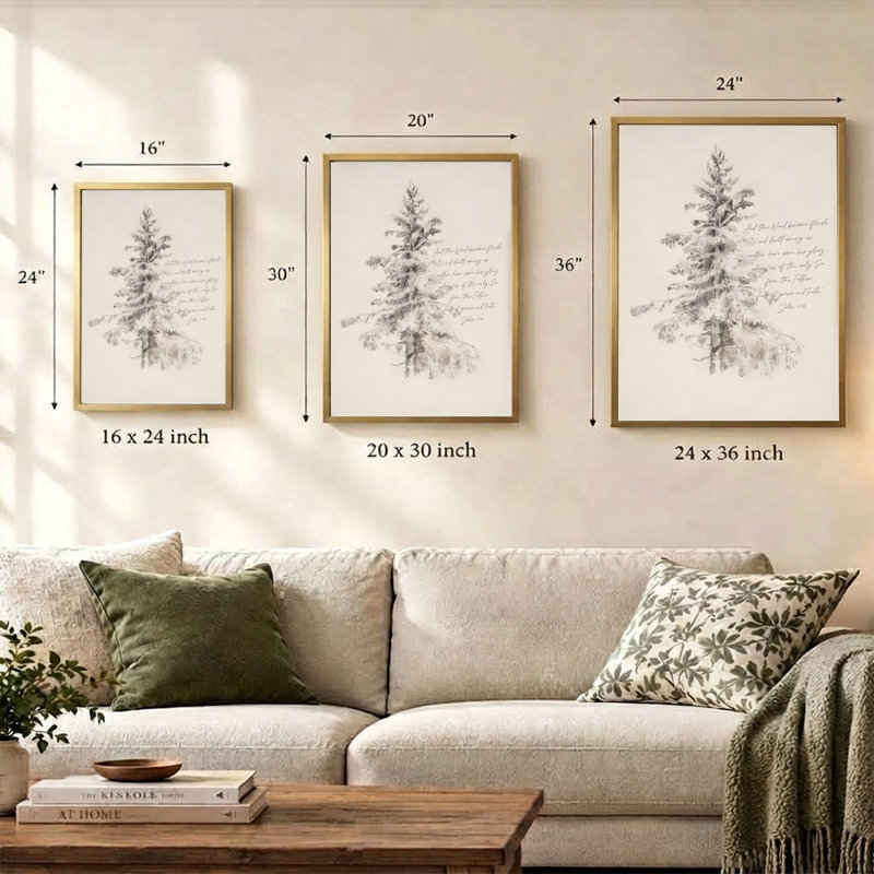 Tableau sur toile encadré avec motif de pin, cadre flottant doré, impression botanique, 76 cm (H) x 51 cm (L)