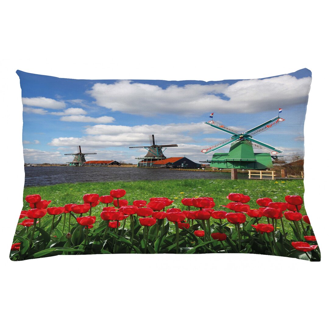 Kissenbezug, Rote Farbe Tulpen Feld, Windmühle, Mehrfarbig